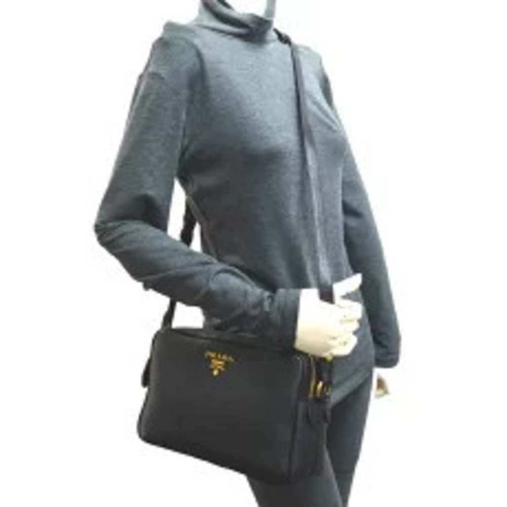 Prada Double Zip Shoulder Bag Leather Nero Black - Picture 9 of 10